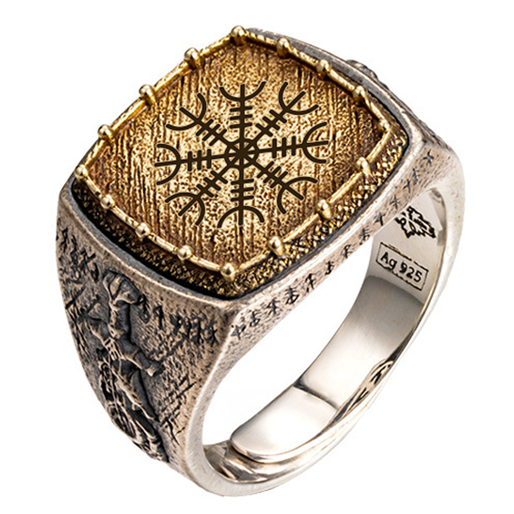 Viking Vegvisir Compass Signet Ring | Gold Plated Solid 925 Silver Antique Norse Protective Band