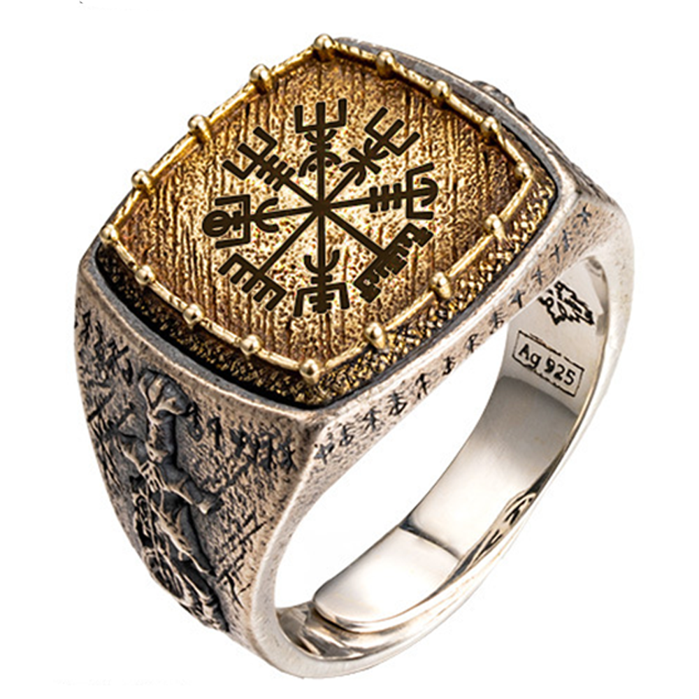 Viking Ægishjálmur Helm of Awe Signet Ring | Gold Plated Solid 925 Silver Antique Norse Protective Warrior Band