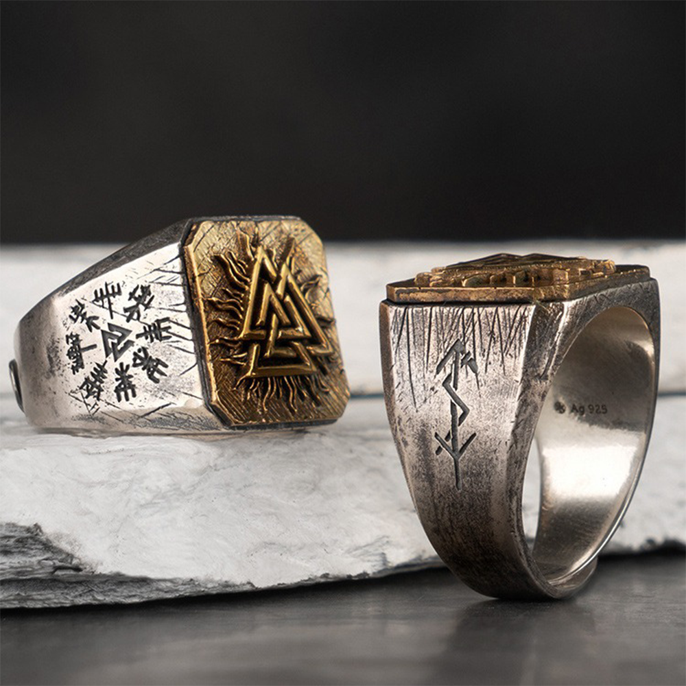 [Copy]Viking Valknut Signet Ring | Gold Plated Solid 925 Silver Antique Norse Odin Protective Band