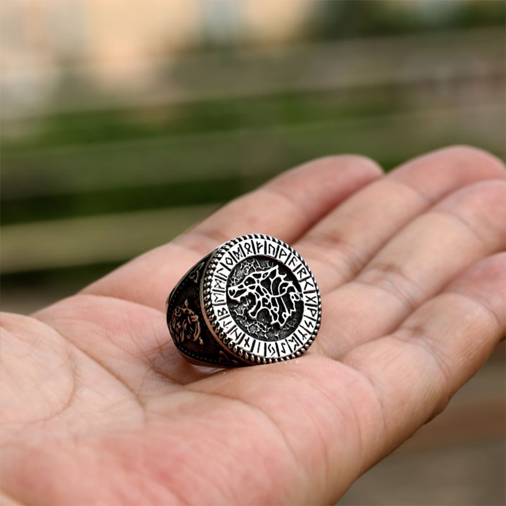 Viking Fenrir Wolf Rune Signet Ring | 316L Stainless Steel Norse Myth Protective Signet Band