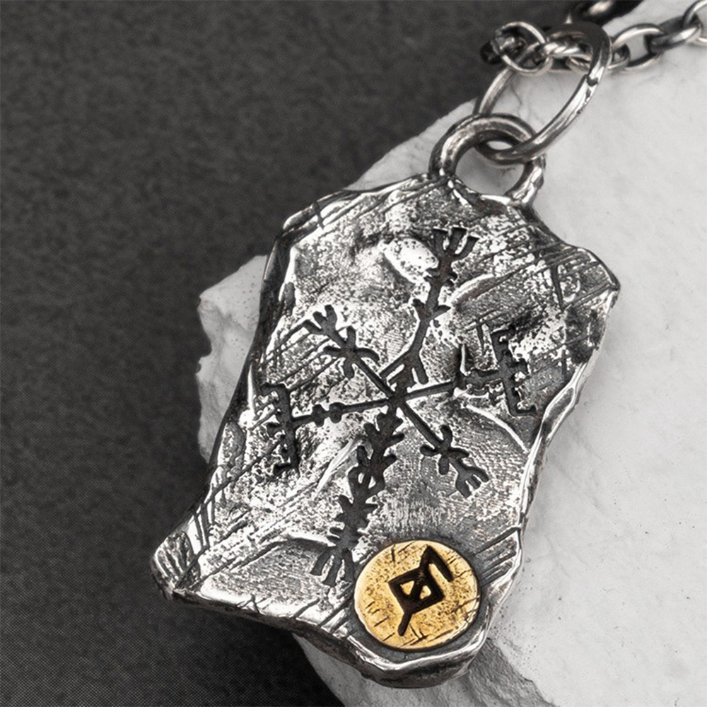Norse Viking Rune Fragment Stone Pendant Necklace | Double-sided Vegvisir Compass & Aegishjalmur Helm of Awe, 316L Stainless Steel, Gold Plated & Sterling Silver Option, Unisex Rune Amulet