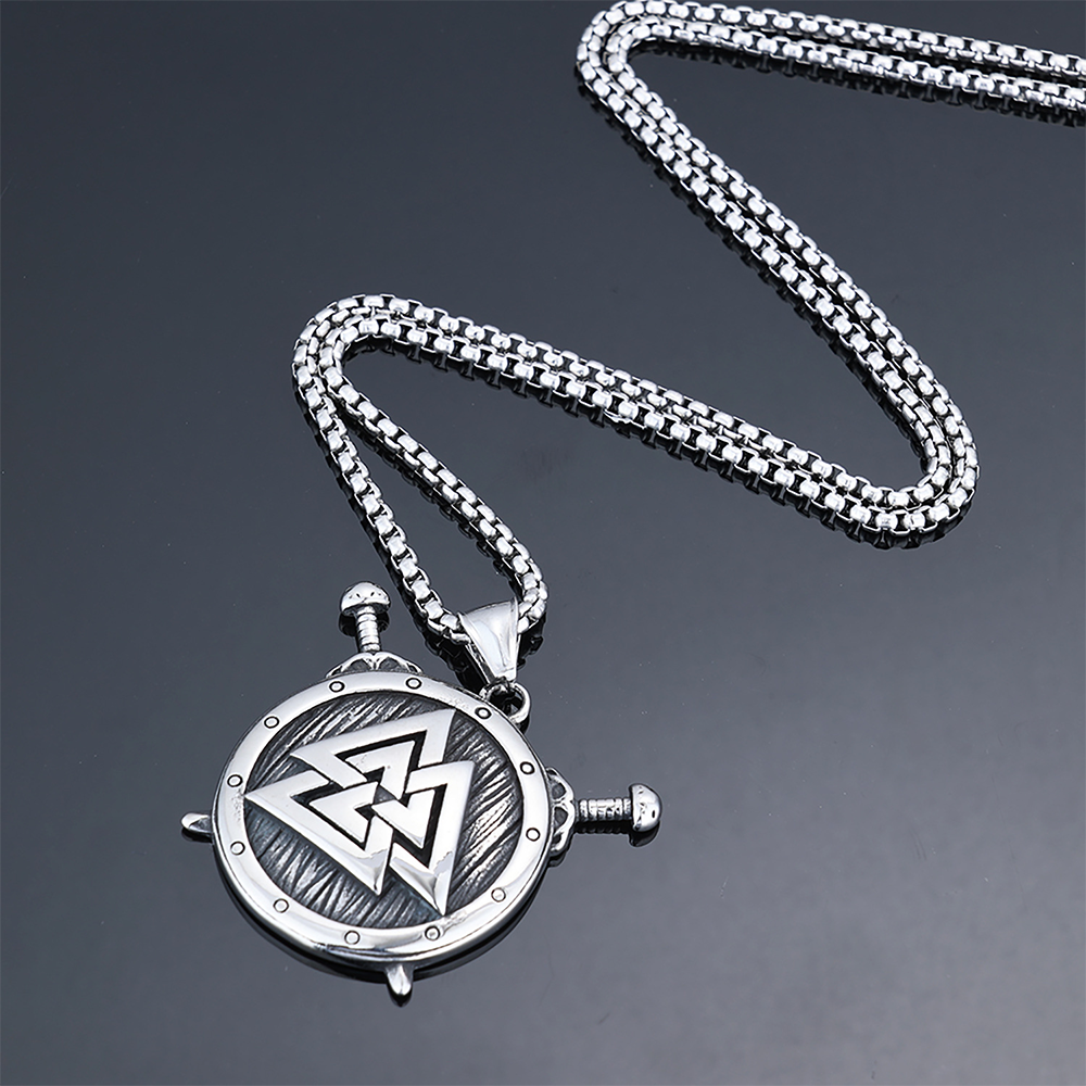 Norse Viking Valknut Shield Crossed Swords Pendant | Odin Warrior Amulet, 316L Stainless Steel Unisex Strength & Protection Necklace