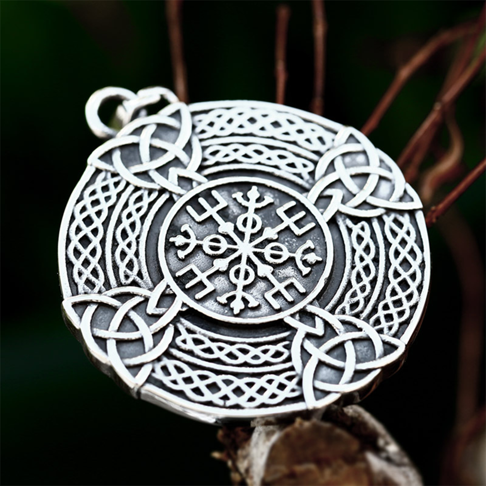 Norse Viking Aegishjalmr Helm of Awe Round Pendant | Celtic Triquetra Knot Amulet, 316L Stainless Steel Unisex Protection Necklace