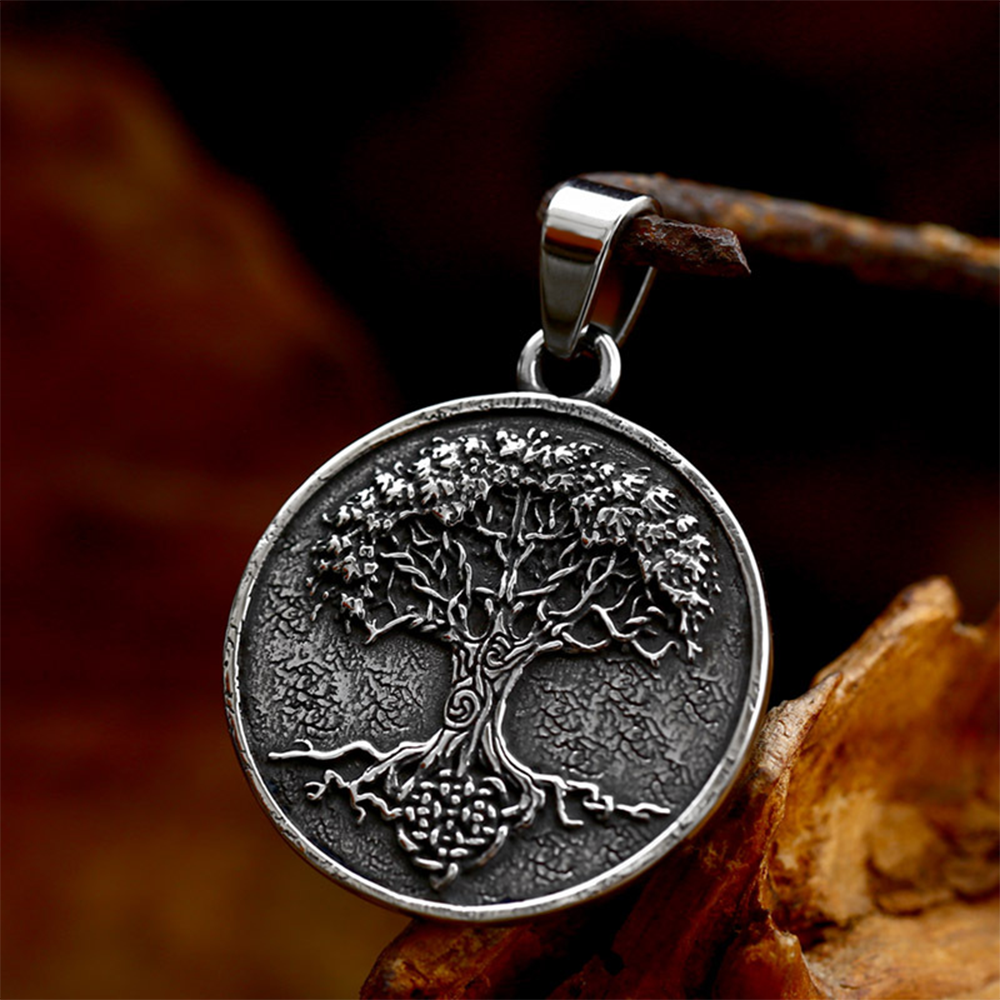 Norse Viking Yggdrasil World Tree Round Pendant | Tree of Life Amulet, 316L Stainless Steel Unisex Life & Family Protection Necklace