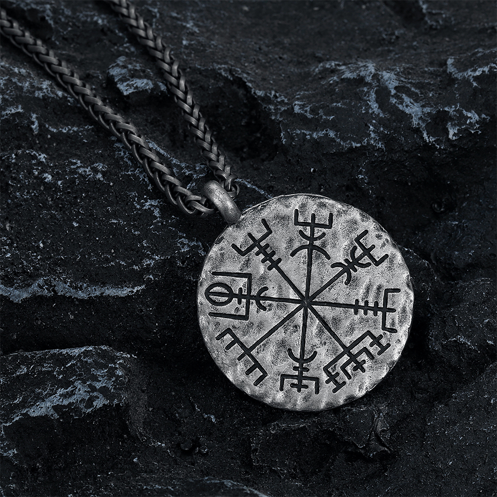Aegishjalmur Helm of Awe Vegvisir Viking Compass Double Sided Pendant, Nordic Viking Amulet 316L Stainless Steel Unisex Necklace
