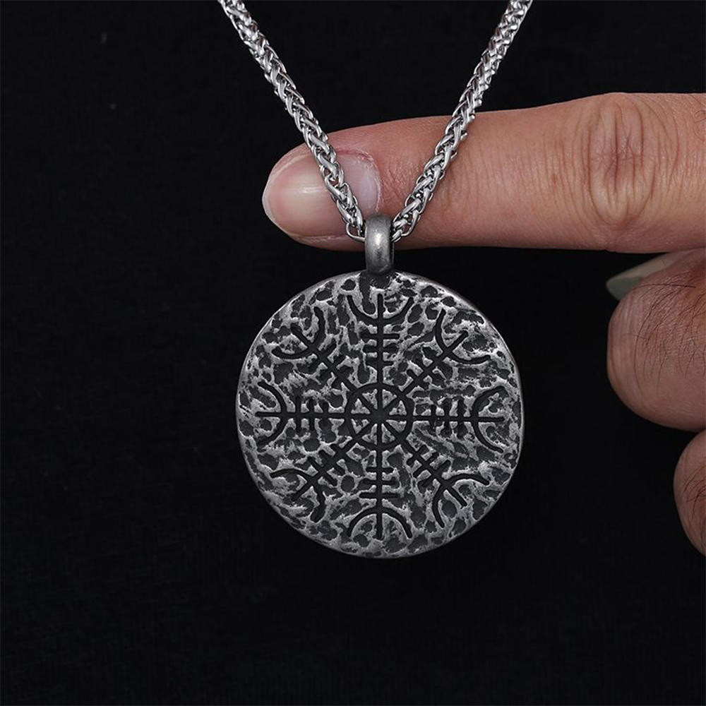 Aegishjalmur Helm of Awe Vegvisir Viking Compass Double Sided Pendant, Nordic Viking Amulet 316L Stainless Steel Unisex Necklace
