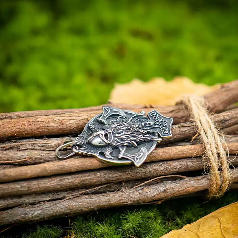 Norse Viking Odin Raven Double Axe Embossed Pendant | Odin God Huginn & Muninn Amulet, 316L Stainless Steel Unisex Protection Necklace