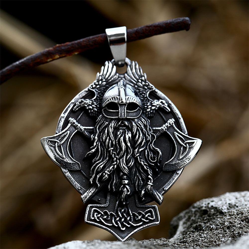 Norse Viking Odin Raven Double Axe Embossed Pendant | Odin God Huginn & Muninn Amulet, 316L Stainless Steel Unisex Protection Necklace