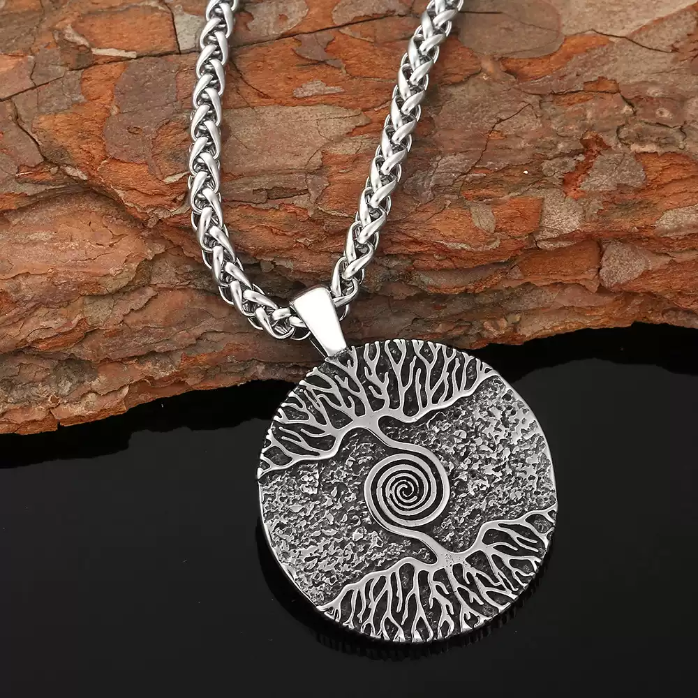 Norse Viking Yggdrasil World Tree Double Sided Pendant | Tree of Life Spiral Talisman, 316L Stainless Steel Unisex Protection Necklace