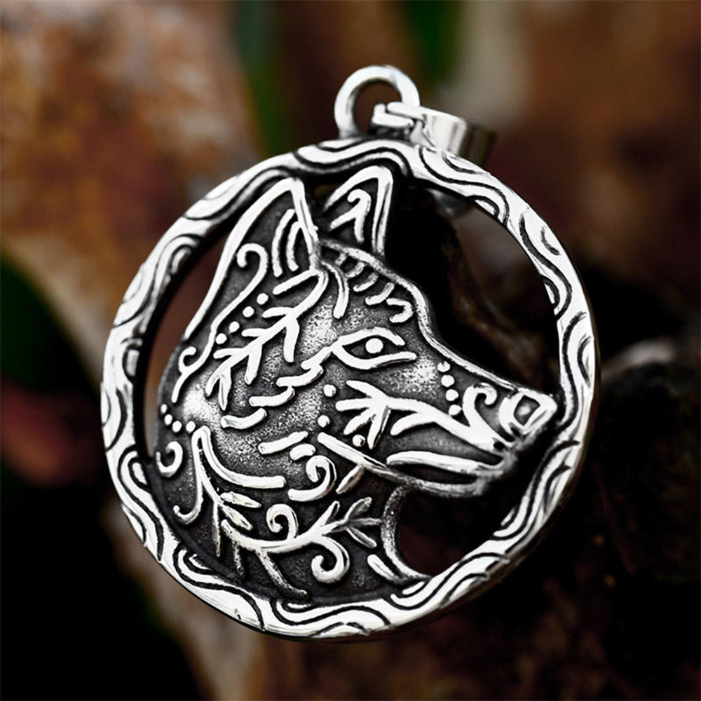 Norse Viking Fenrir Wolf Openwork Round Pendant | Celtic Vine Wolf Head Amulet, 316L Stainless Steel Unisex Strength Protection Necklace