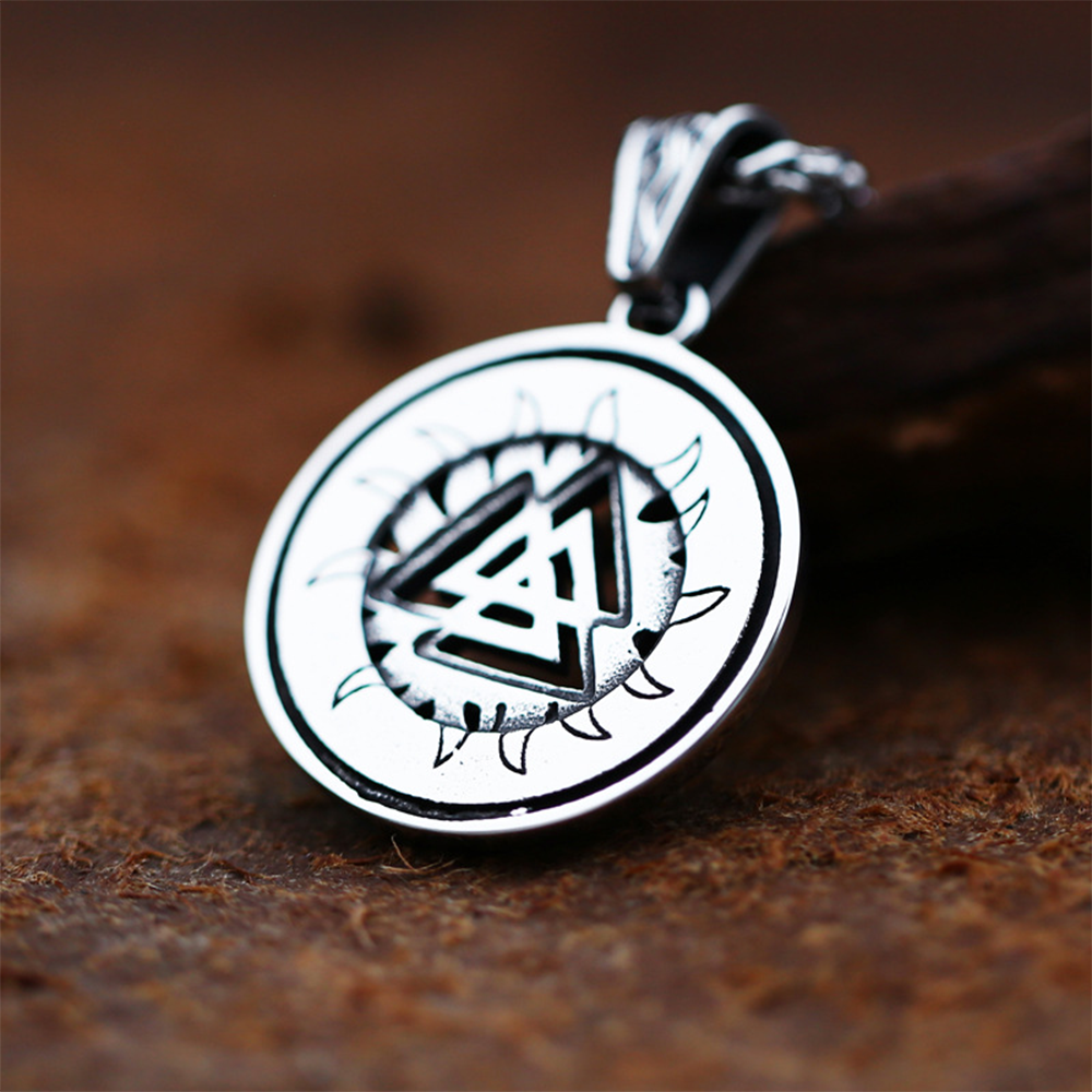 Norse Viking Valknut Sun Flame Round Pendant | Odin Triangle Knot Warrior Amulet, 316L Stainless Steel Unisex Victory Protection Necklace