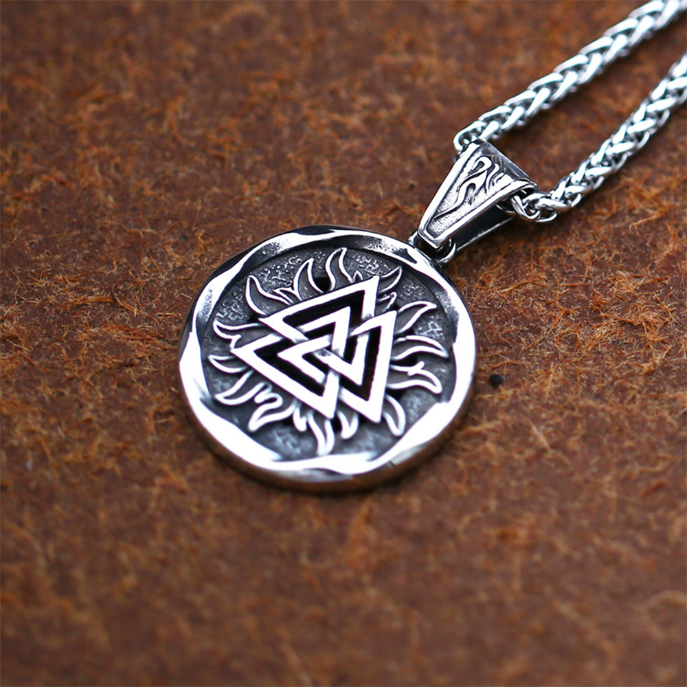 Norse Viking Valknut Sun Flame Round Pendant | Odin Triangle Knot Warrior Amulet, 316L Stainless Steel Unisex Victory Protection Necklace