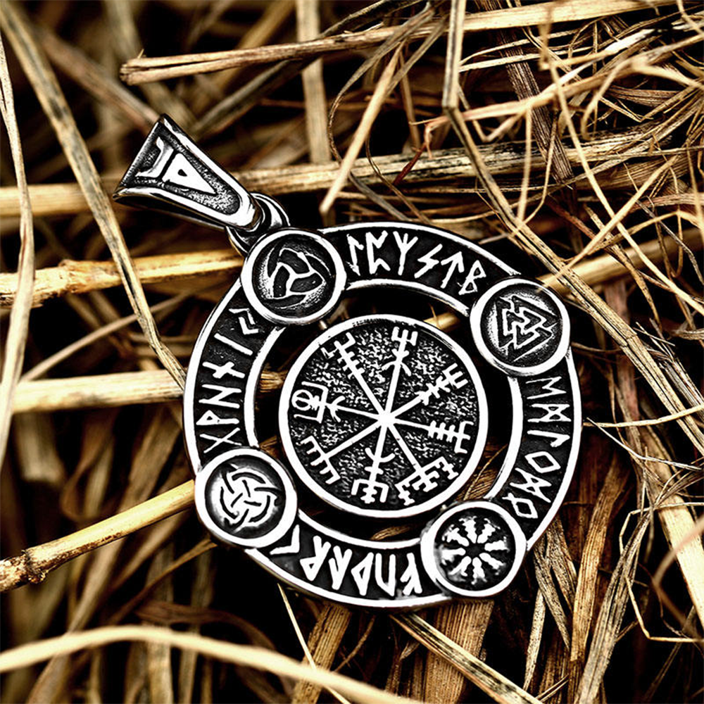 Norse Rotatable Viking Vegvísir Rune Circle Pendant | Elder Futhark Multi-Symbol Amulet, 316L Stainless Steel Unisex Journey Protection Necklace