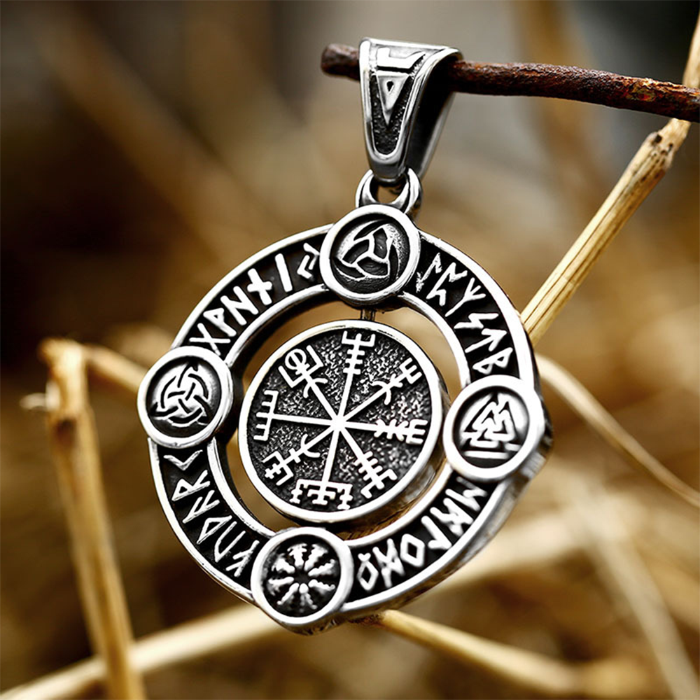 Norse Rotatable Viking Vegvísir Rune Circle Pendant | Elder Futhark Multi-Symbol Amulet, 316L Stainless Steel Unisex Journey Protection Necklace