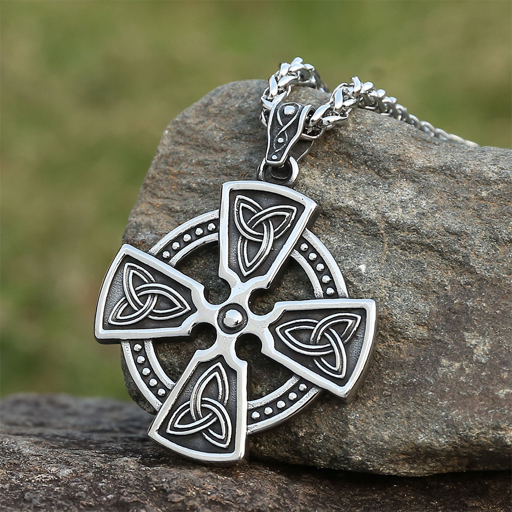 Norse Celtic Solar Cross Pendant | Triquetra Knot Eternal Protection Amulet, 316L Stainless Steel Unisex Viking Necklace