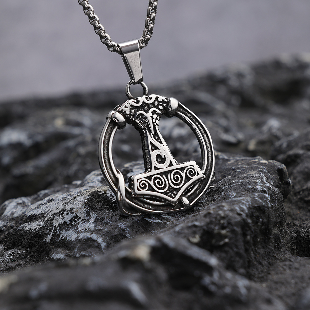 Norse Myth Ringed Serpent Mjolnir Pendant | Thor Hammer Protection Amulet, 316L Stainless Steel Unisex Viking Necklace