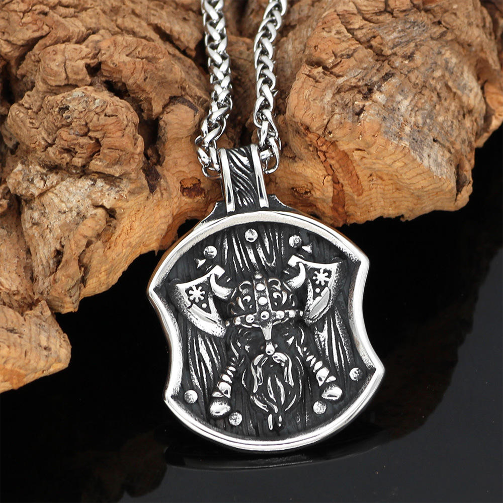 Norse Myth Shield Odin Pendant | Allfather Odin Twin Axe Viking Amulet, 316L Stainless Steel Unisex Necklace