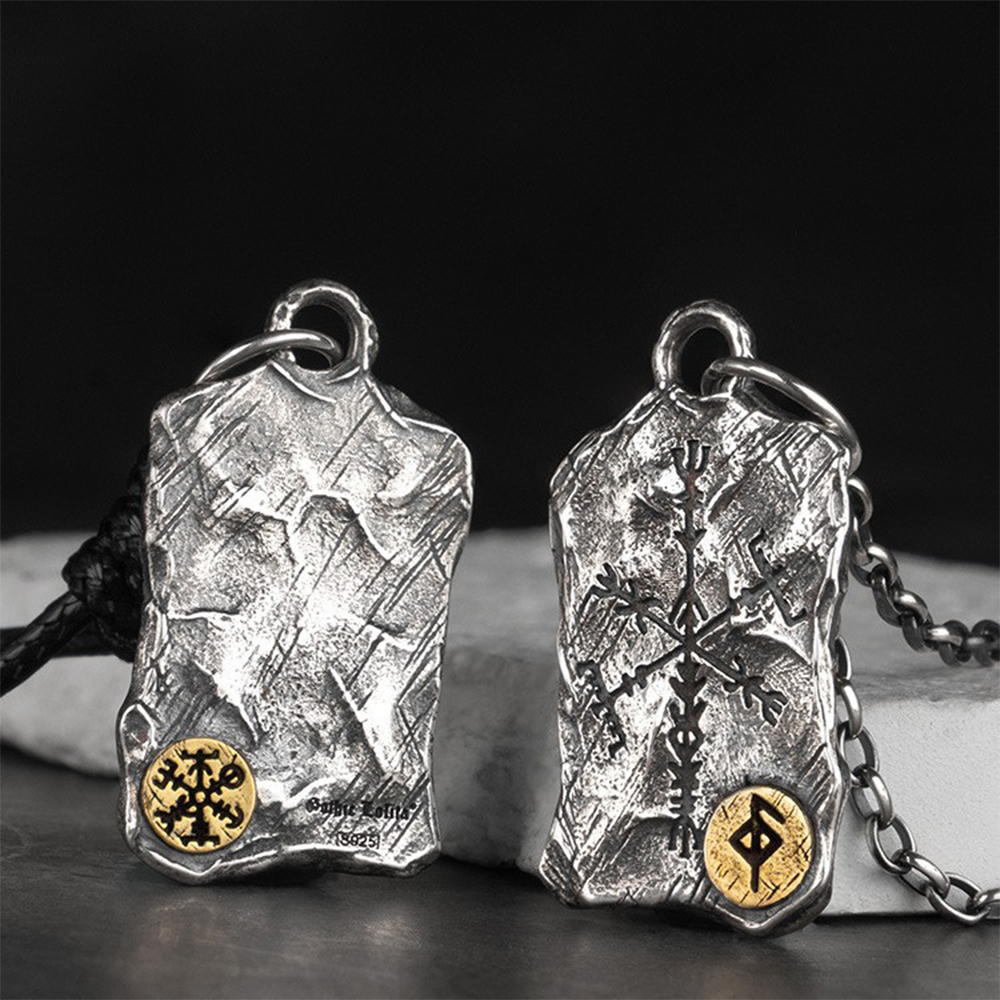 Norse Viking Rune Fragment Stone Pendant Necklace | Double-sided Vegvisir Compass & Aegishjalmur Helm of Awe, 316L Stainless Steel, Gold Plated & Sterling Silver Option, Unisex Rune Amulet