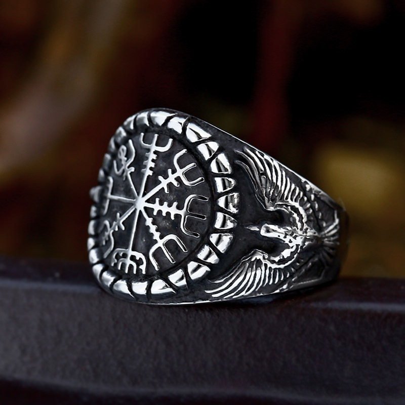 Norse Viking Vegvísir Compass Raven Signet Ring | 316L Stainless Steel Antique Norse Rune Protective Unisex Shield Ring
