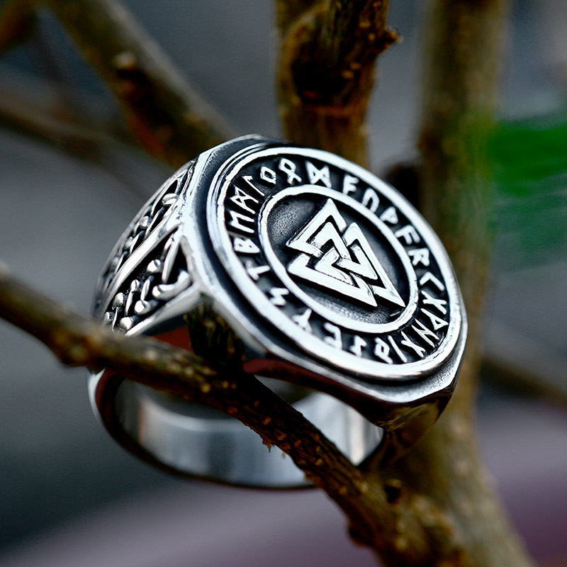 Norse Viking Valknut Triangle Knot Rune Signet Ring | 316L Stainless Steel Elder Futhark Odin Protective Unisex Shield Ring