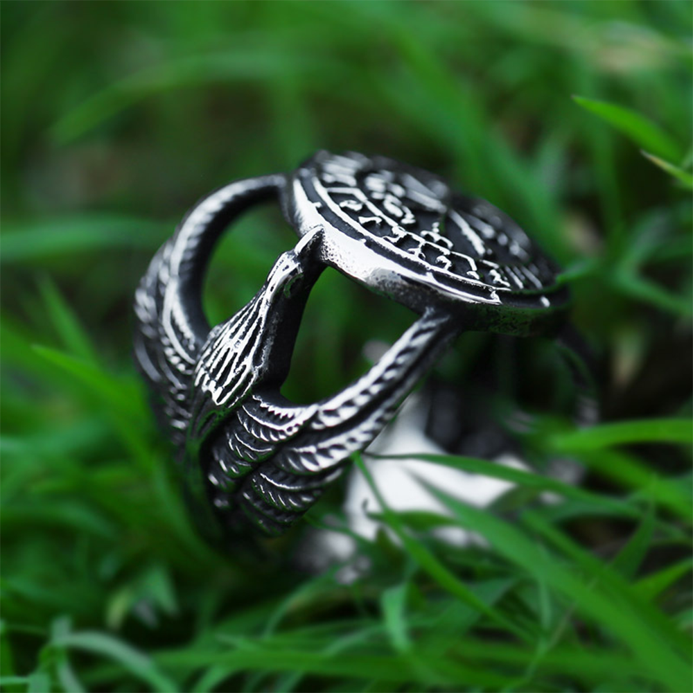 Norse Viking Vegvisir Wayfinder Raven Openwork Ring | 316L Stainless Steel Antique Unisex Travel Protective Ring