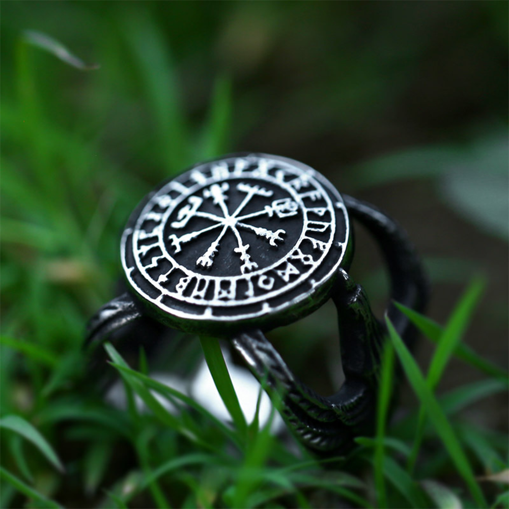 Norse Viking Vegvisir Wayfinder Raven Openwork Ring | 316L Stainless Steel Antique Unisex Travel Protective Ring