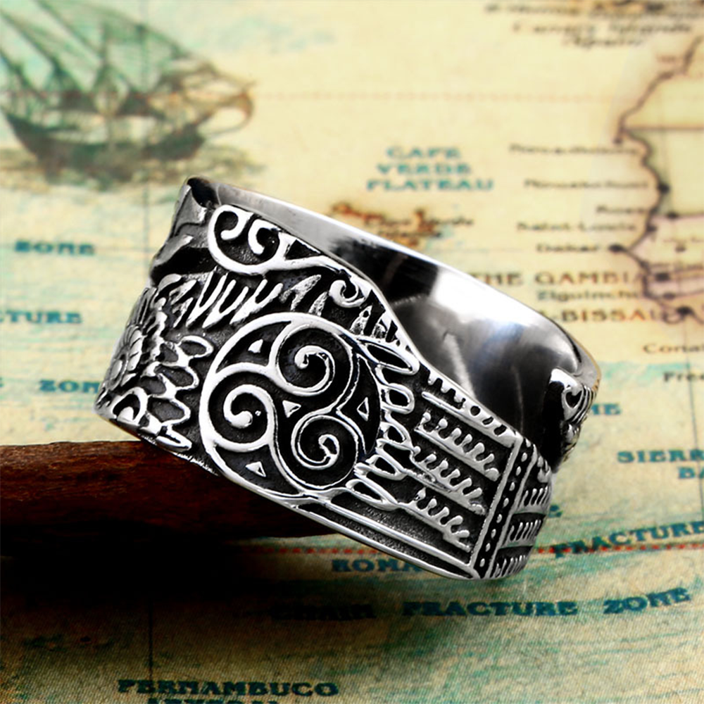 Viking Odin Raven Huginn & Muninn Open Ring | 316L Stainless Steel Antique Engraved Triskelion Unisex Norse Wisdom Band