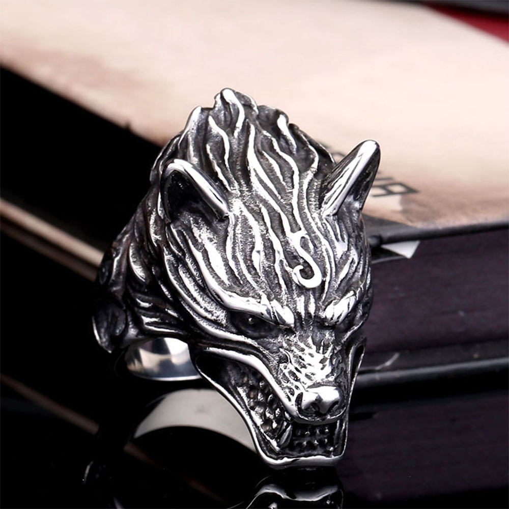 Viking Fenrir Roaring Wolf Head 3D Ring, 316L Stainless Steel Antique Embossed Norse Mythology Unisex Strength Amulet 