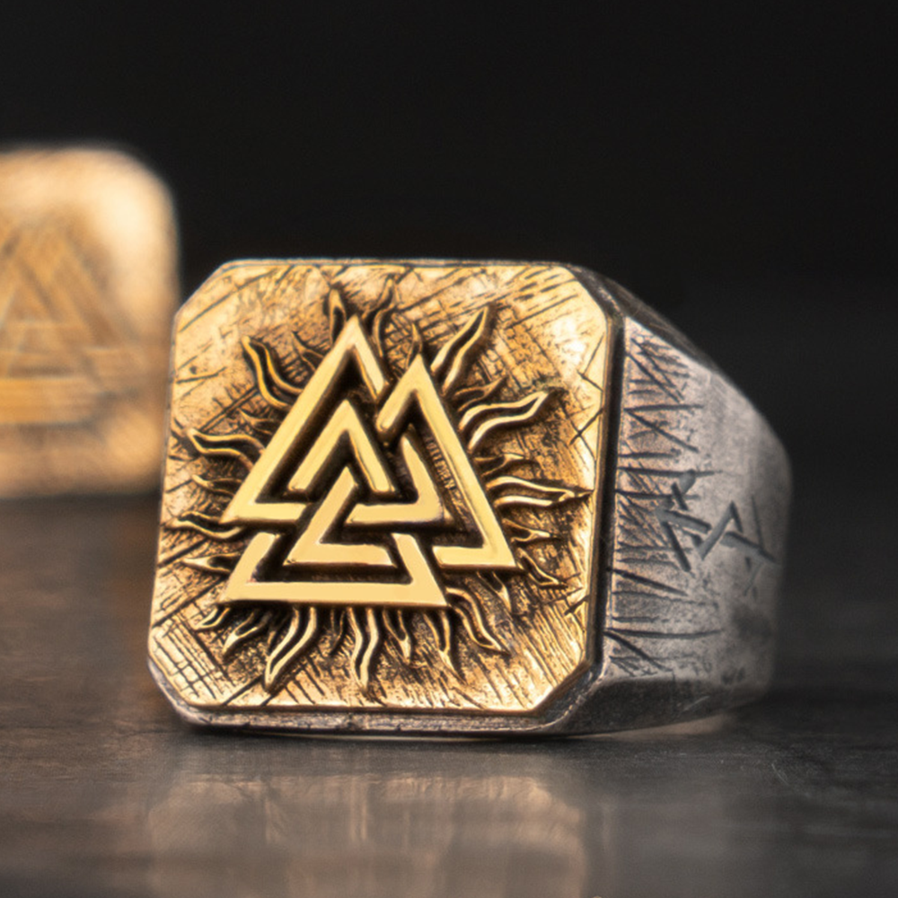 [Copy]Viking Valknut Signet Ring | Gold Plated Solid 925 Silver Antique Norse Odin Protective Band