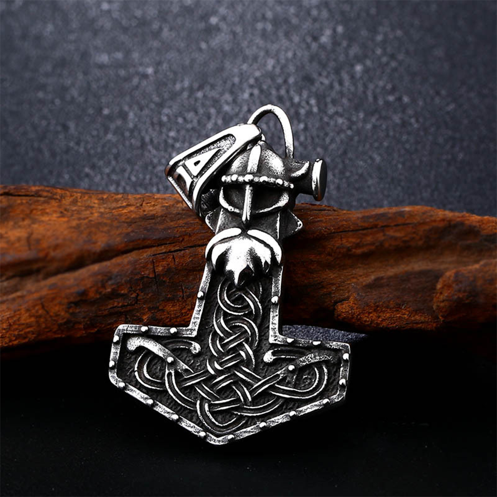 Viking Warrior Helmet Mjolnir Thor's Hammer Necklace | 316L Stainless Steel Norse Protective Pendant