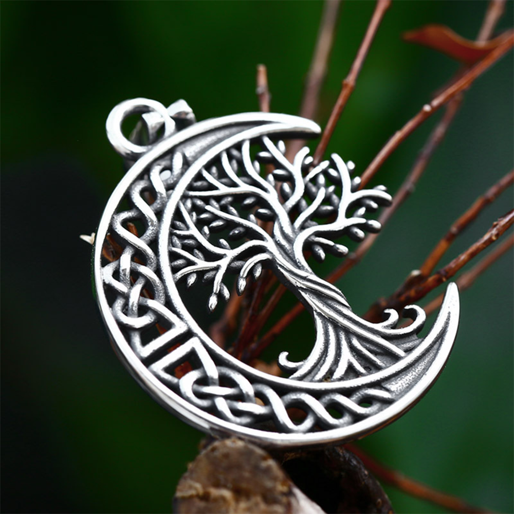 Viking Yggdrasil Tree of Life Crescent Moon Necklace | 316L Stainless Steel Celtic Rune Pendant