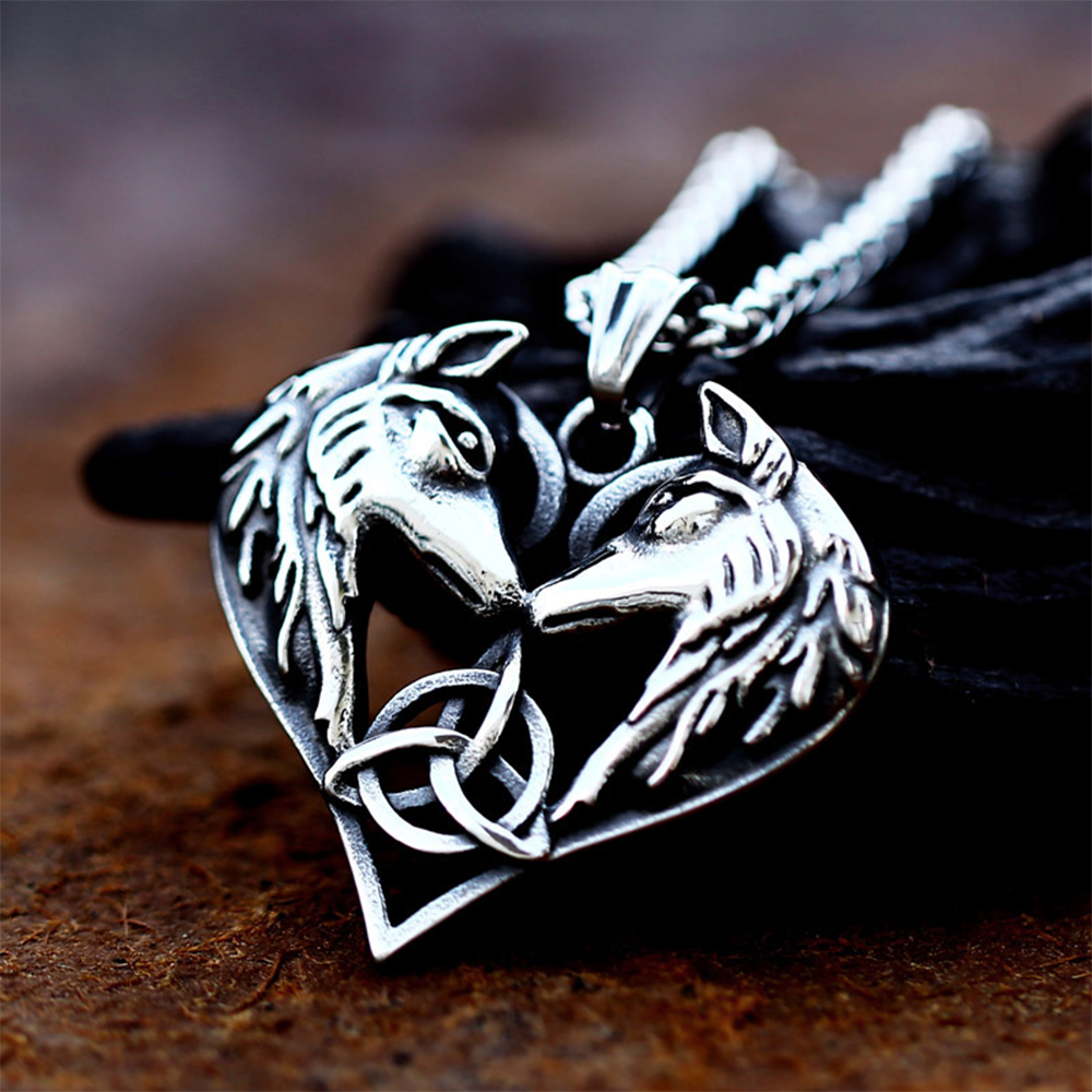 Viking Odin Geri Freki Wolf Heart Necklace | 316L Stainless Steel Celtic Triquetra Pendant