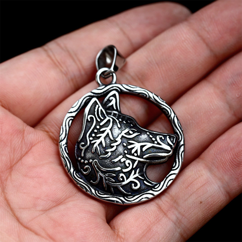 Norse Viking Fenrir Wolf Openwork Round Pendant | Celtic Vine Wolf Head Amulet, 316L Stainless Steel Unisex Strength Protection Necklace