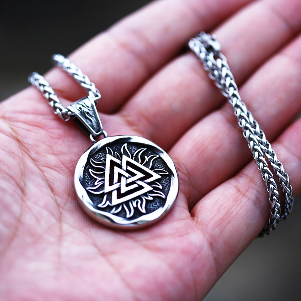 Norse Viking Valknut Sun Flame Round Pendant | Odin Triangle Knot Warrior Amulet, 316L Stainless Steel Unisex Victory Protection Necklace