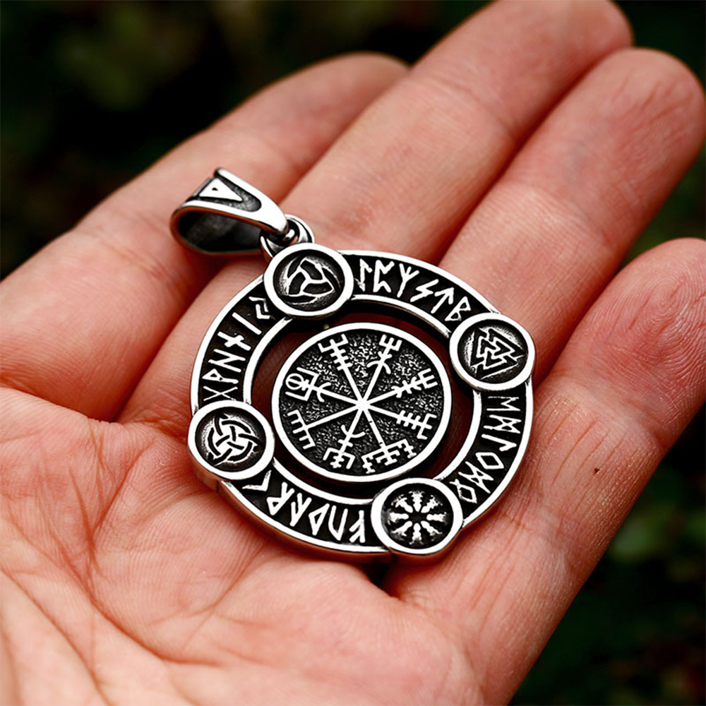 Norse Rotatable Viking Vegvísir Rune Circle Pendant | Elder Futhark Multi-Symbol Amulet, 316L Stainless Steel Unisex Journey Protection Necklace