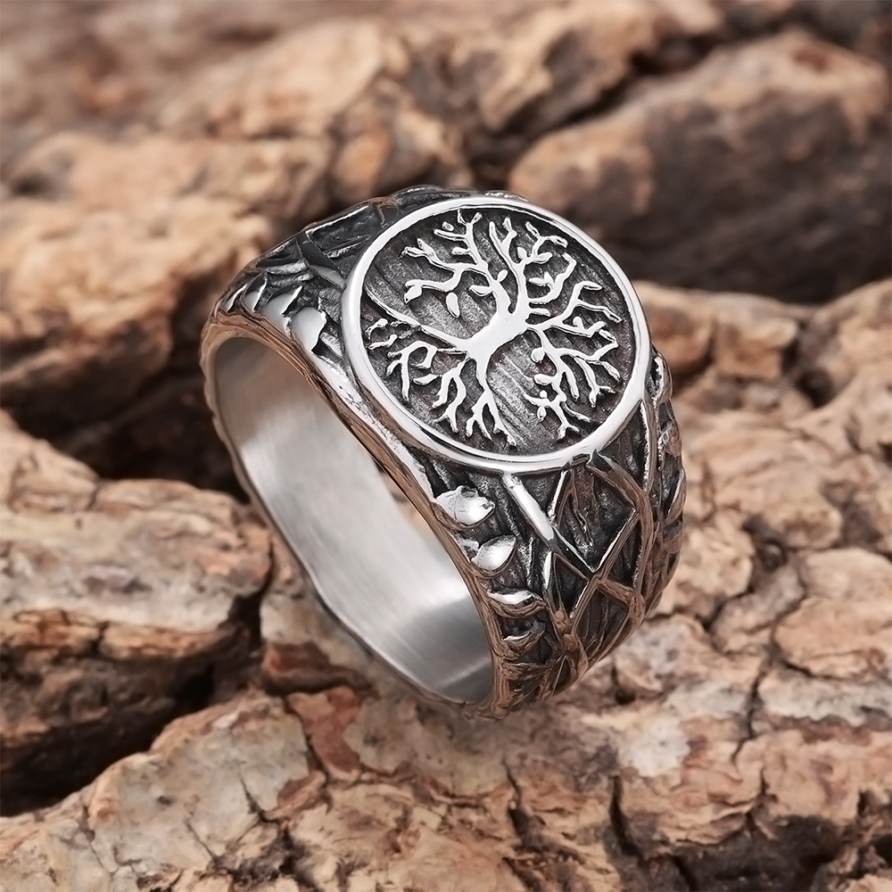 Norse Viking Yggdrasil World Tree Celtic Knot Signet Ring | 316L Stainless Steel Antique Unisex Wide Protective Ring