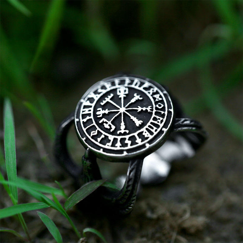 Norse Viking Vegvisir Wayfinder Raven Openwork Ring | 316L Stainless Steel Antique Unisex Travel Protective Ring