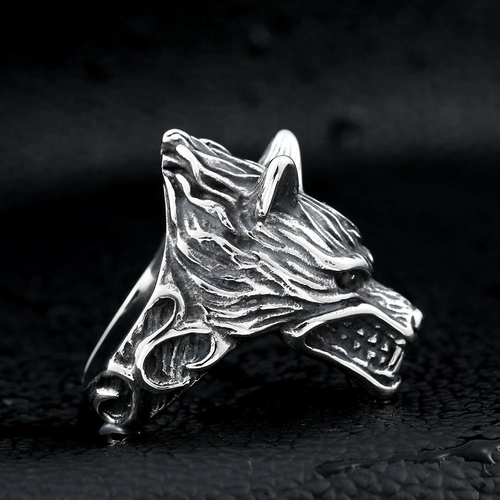 Viking Fenrir Roaring Wolf Head 3D Ring, 316L Stainless Steel Antique Embossed Norse Mythology Unisex Strength Amulet 