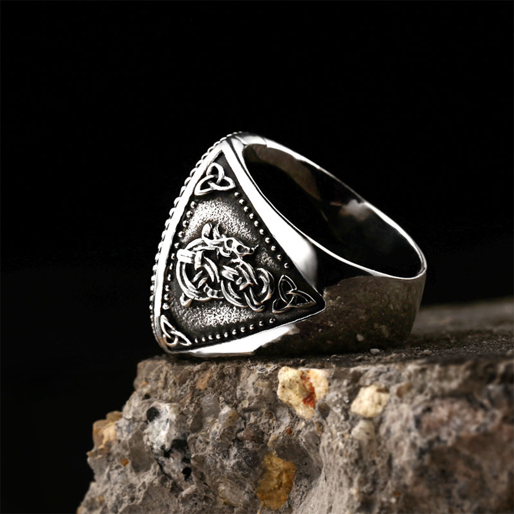 Viking Fenrir Wolf Rune Signet Ring | 316L Stainless Steel Norse Myth Protective Signet Band