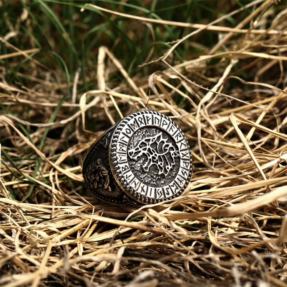 Viking Fenrir Wolf Rune Signet Ring | 316L Stainless Steel Norse Myth Protective Signet Band