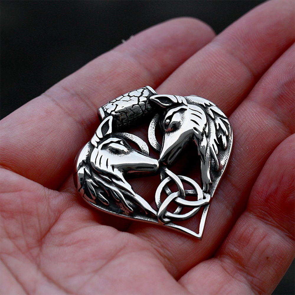Viking Odin Geri Freki Wolf Heart Necklace | 316L Stainless Steel Celtic Triquetra Pendant