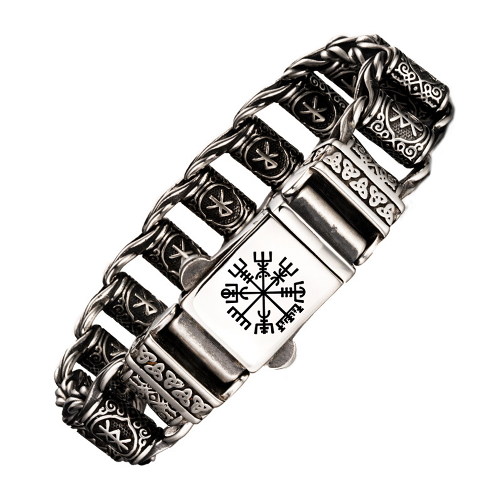 Norse Viking Vegvísir Compass Knight Link Bracelet | Icelandic Wayfinder Rune Amulet, 316L Stainless Steel Unisex Guidance 