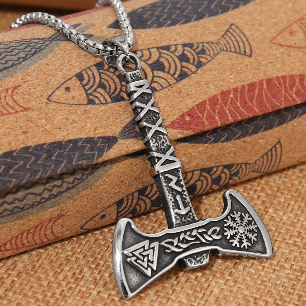 Norse Viking Rune Battle Axe Pendant | Valknut & Aegishjalmr Warrior Amulet, 316L Stainless Steel Unisex Courage & Protection Necklace