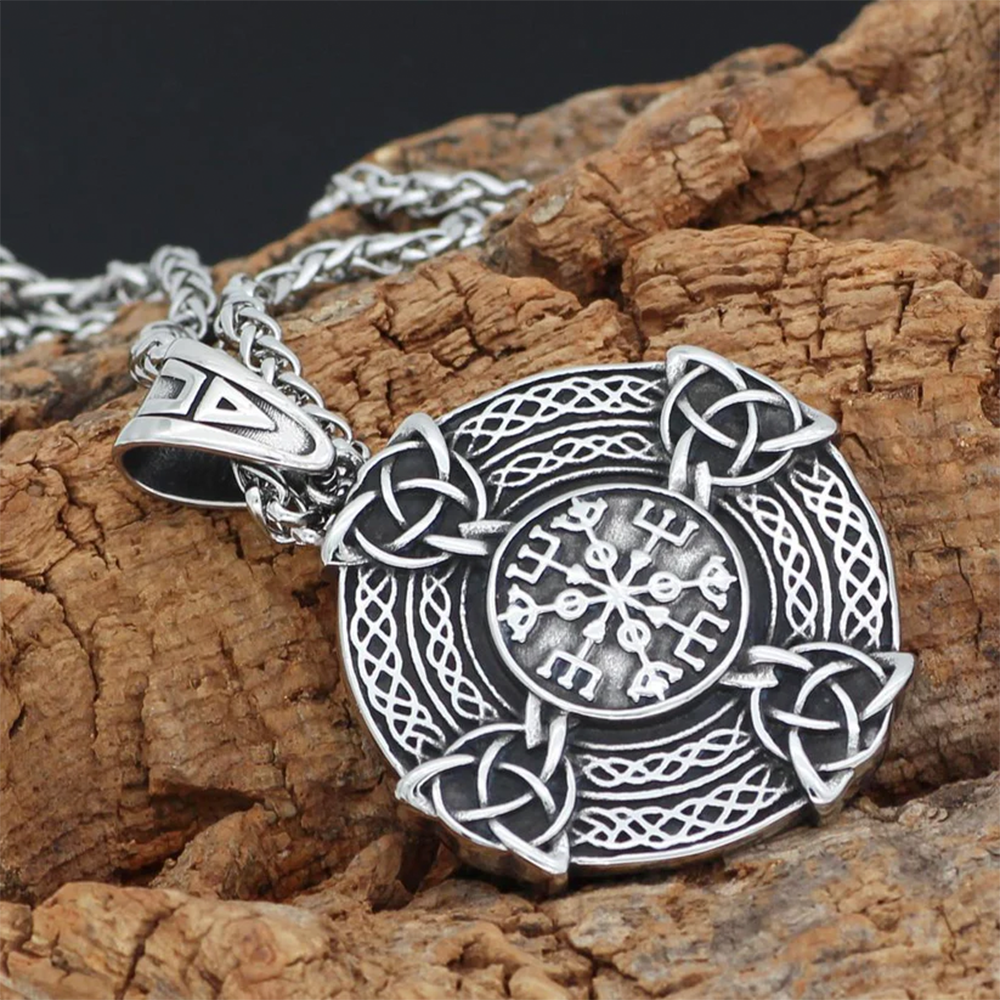 Norse Viking Aegishjalmr Helm of Awe Round Pendant | Celtic Triquetra Knot Amulet, 316L Stainless Steel Unisex Protection Necklace