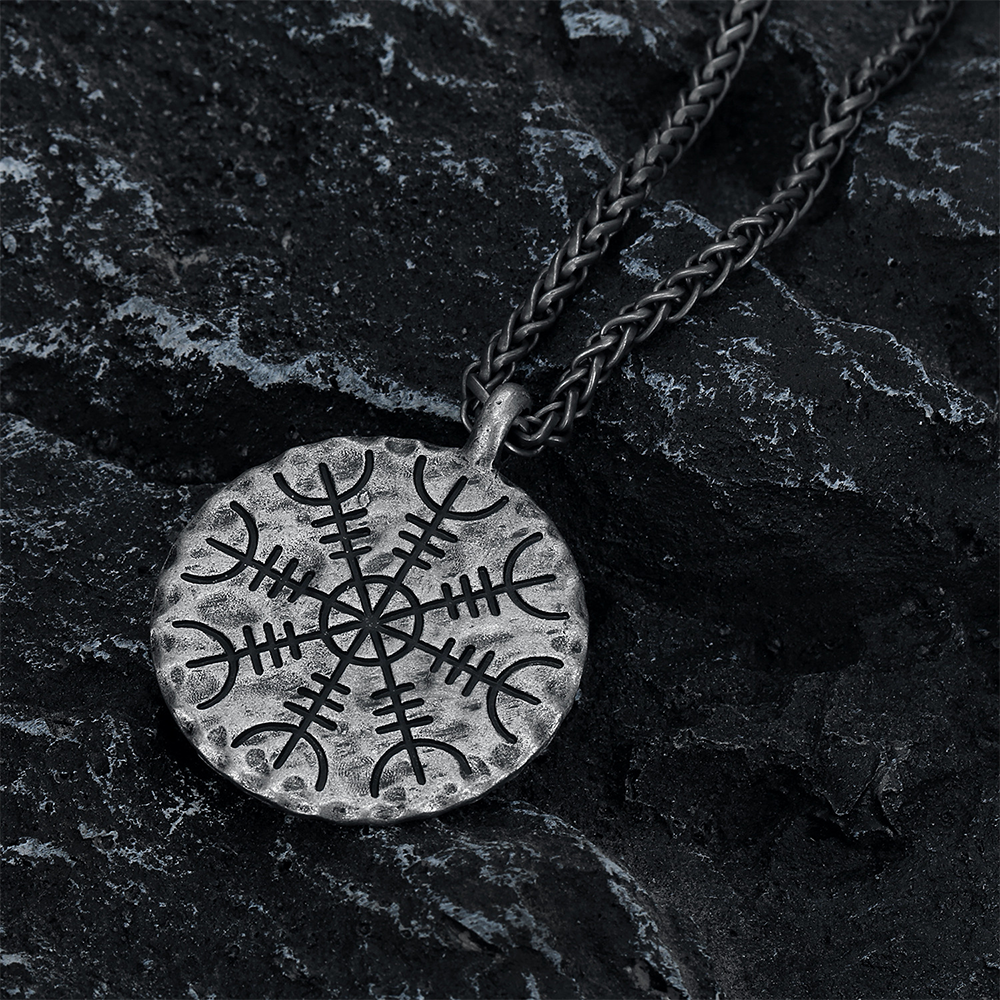 Aegishjalmur Helm of Awe Vegvisir Viking Compass Double Sided Pendant, Nordic Viking Amulet 316L Stainless Steel Unisex Necklace