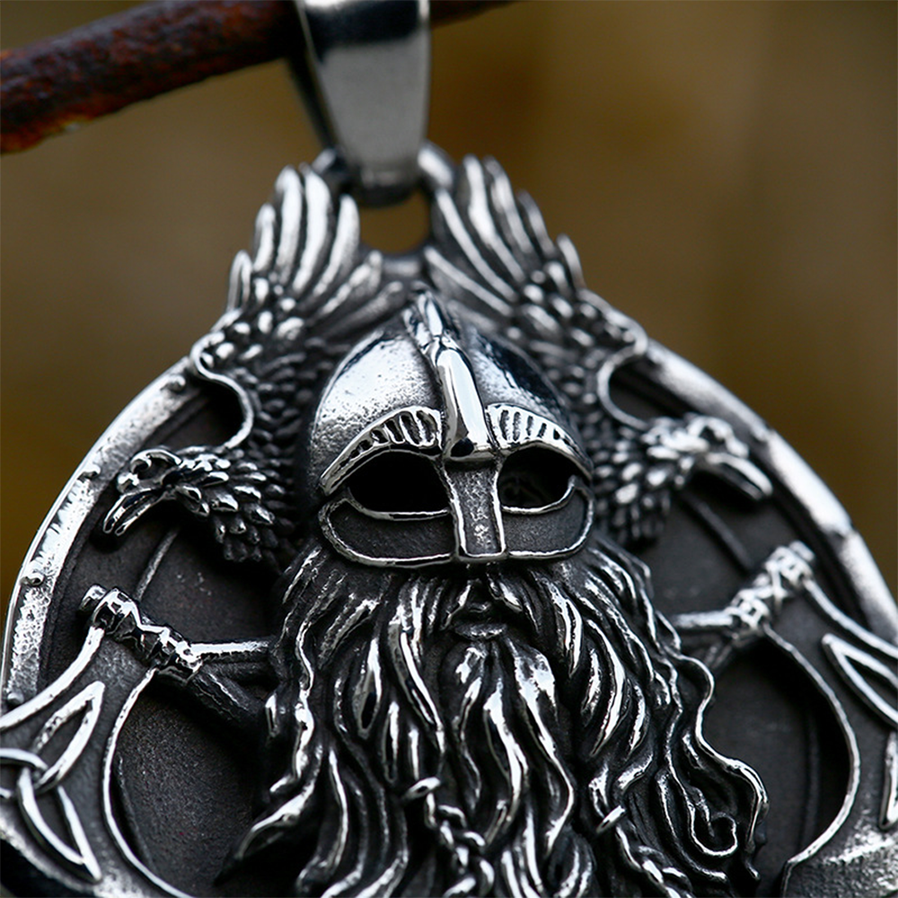 Norse Viking Odin Raven Double Axe Embossed Pendant | Odin God Huginn & Muninn Amulet, 316L Stainless Steel Unisex Protection Necklace
