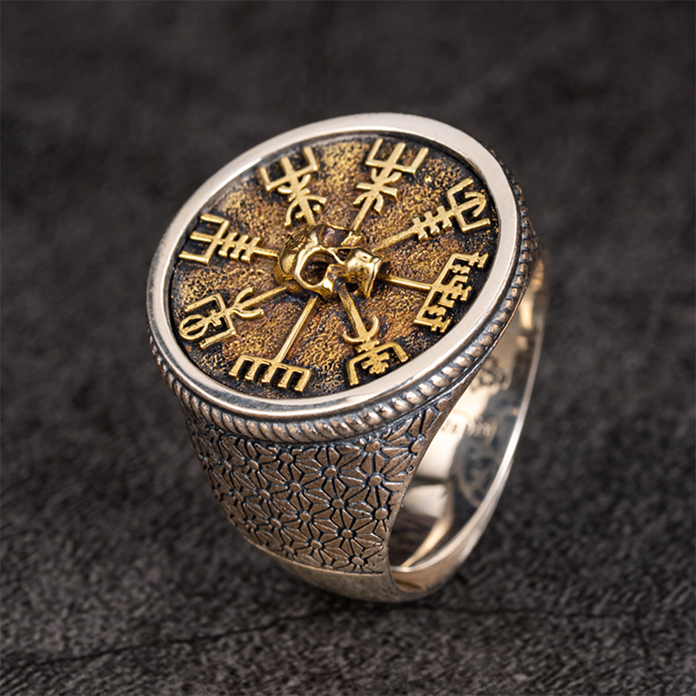 Norse Viking Skull Chief Vegvísir Compass Signet Ring | 925 Sterling Silver Gold Plated Norse Rune Protection Ring, Adjustable Unisex