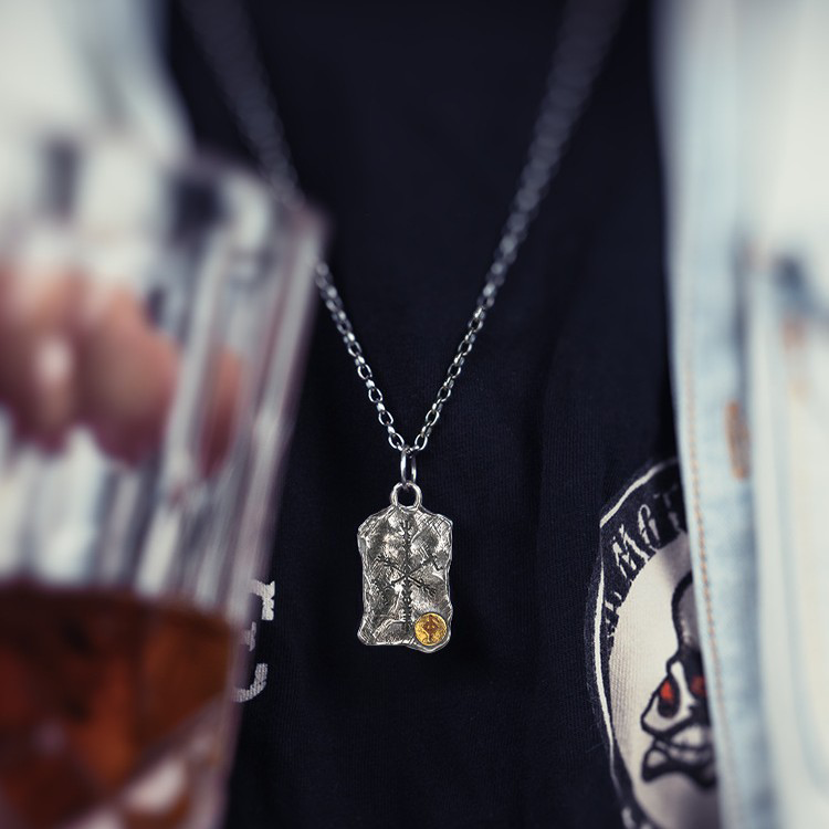 Norse Viking Rune Fragment Stone Pendant Necklace | Double-sided Vegvisir Compass & Aegishjalmur Helm of Awe, 316L Stainless Steel, Gold Plated & Sterling Silver Option, Unisex Rune Amulet