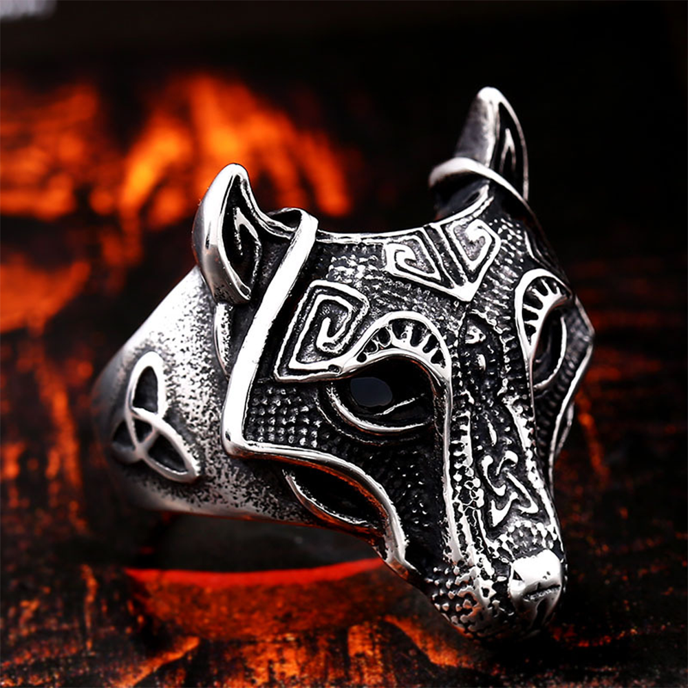 Viking Fenrir Wolf Head Celtic Triquetra Ring | 316L Stainless Steel Antique Engraved Unisex Norse Protective Band