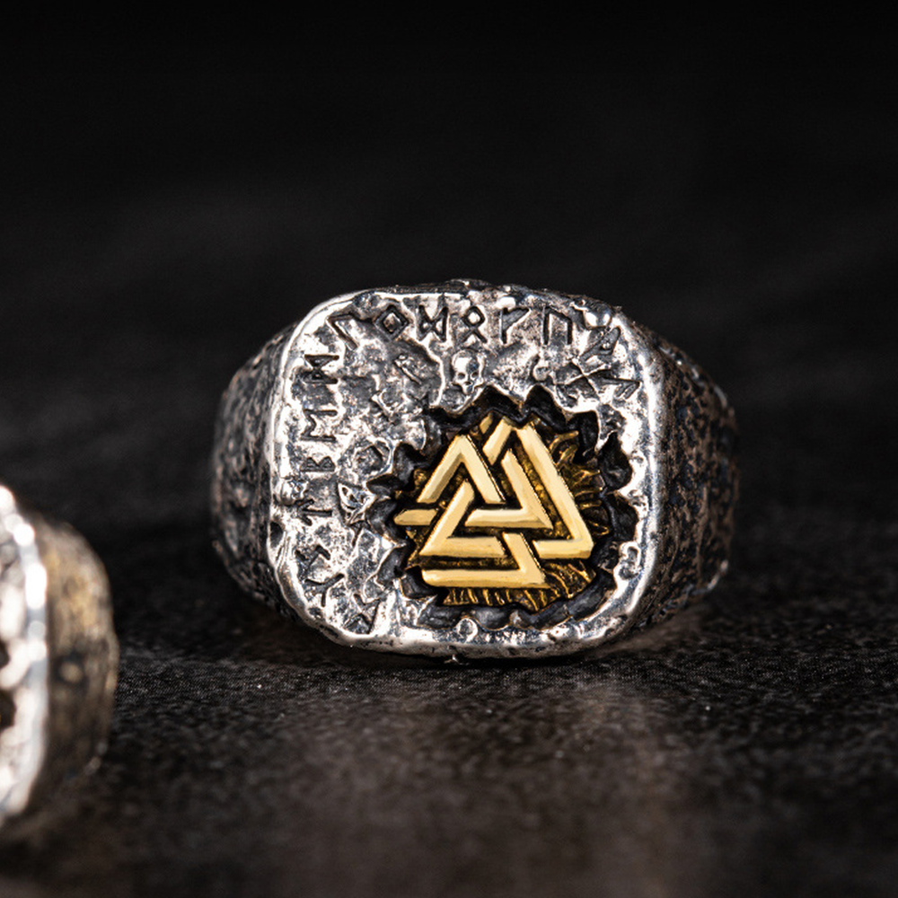 Viking Valknut Signet Ring | Gold Plated Solid 925 Silver Antique Norse Odin Protective Band